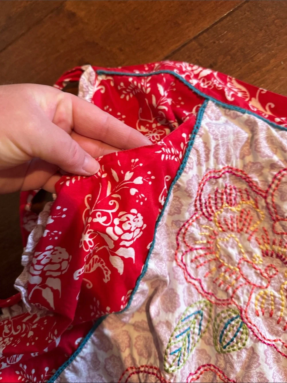 Red Floral Anthropologie Half Apron with Embroidered Flowers
